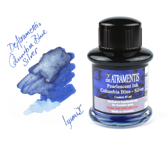 Bottle and swatch of De Atramentis Columbia Blue Silver