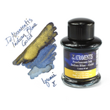 Bottle and swatch of De Atramentis Pearlescent Indian Blue Gold