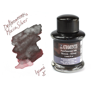 Bottle and swatch of De Atramentis Mocca Silver  Ink