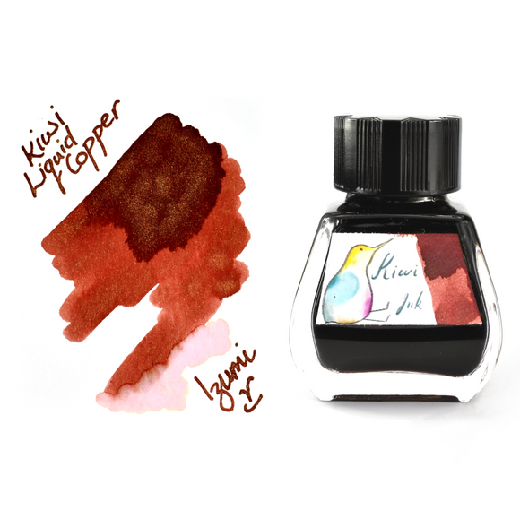 bottle and swatch of Kiwi Inks Liquid Copper 